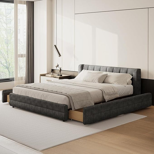 DEINPPA Queen Size Bed Frame with 4 Storage Drawers and Cloud Soft Headboard, Chenille Upholstered Grounded Wood Base Bed Frame, No Box Spring Needed-Dark Grey