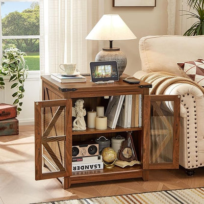 Farmhouse End Table Set 3, Narrow 18'' Night Stand with Glass Barn Door, 24" Square Side Table with Charger Station, Living Room Furniture Sets, Wood Nightstand Bedside Tables for Bedroom