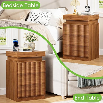 Nightstand with Charging Station & LED Lights, Small Modern Fluted Bedside & End Table with 3 Drawers, Sliding Top & Hidden Storage, Wooden Farmhouse Night Stand for Bedroom Office or Sofa, Walnut