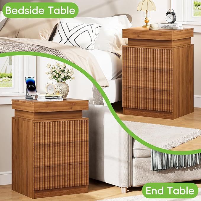 Nightstands Set of 2 with Charging Station & LED Lights, Modern Small Fluted Bedside & End Tables with 3 Drawers, Sliding Top & Hidden Storage, Wooden Farmhouse Night Stand for Bedroom Office,Walnut