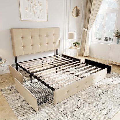 Allewie Upholstered Full Size Platform Bed Frame with 4 Storage Drawers and Headboard, Square Stitched Button Tufted, Mattress Foundation with Wooden Slats Support, No Box Spring Needed, Beige
