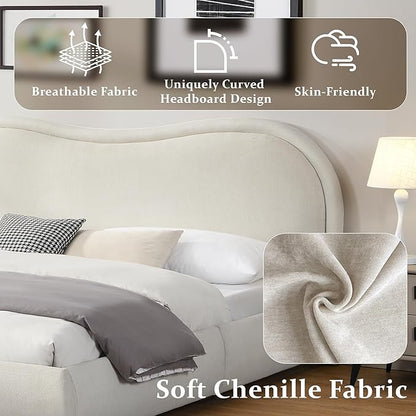 King Size Upholstered Platform Bed Frame, Modern Cloud Bedframe with Headboard, Low Profile Bed Floor Bed Frames with Soft Rounded Corners, No Box Spring Required, Easy Assembly, Chenille Cream
