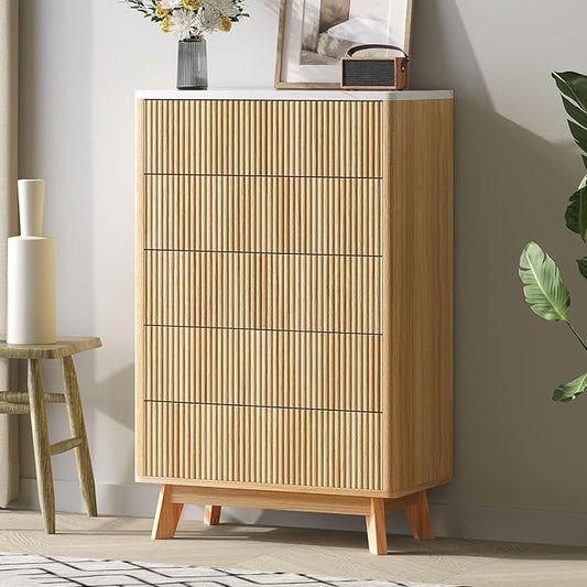 Fluted 5 Drawers Dresser for Bedroom, 47" Tall Handleless Chest of Drawers with Faux Marble Top, Curved Profile Design, Wood Drawer Organizerfor forLiving Room, Hallway, Entryway, Natural Oak