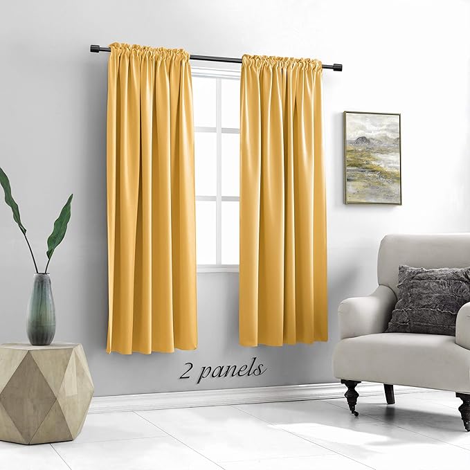 DONREN Gold Yellow Curtains Drapes for Bedroom - Thermal Insulated Room Darkening Rod Pocket Curtain Panels (42 W x 63 L,2 Panels)