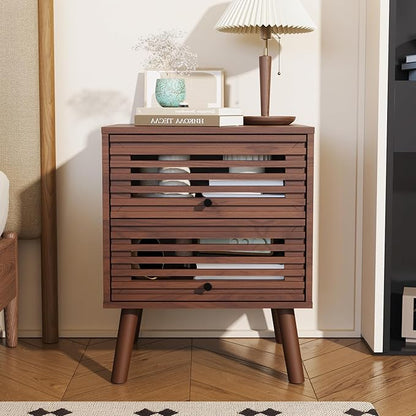 Nightstand Set of 2, Side Table, End Table, Mid Century Modern Nightstand with Hollowed Drawers, Bedside Tables, Small Nightstands with Storage for Bedroom, Walnut