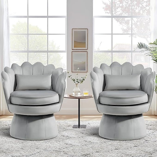 360° Swivel Accent Chairs Set of 2, Mid-Century Modern Velvet Barrel Chair, Comfy Shell Shape Chair with Lumbar Pillow for Living Room, Bedroom, Office, Grey