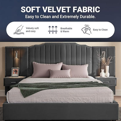 Luxury Queen Bed Frame with Headboard and Storage, Velvet Fabric Upholstered Platform Bed Frame Queen Size with LED Lights, Solid Frame & Bedside Table, No Box Spring Needed, Gray