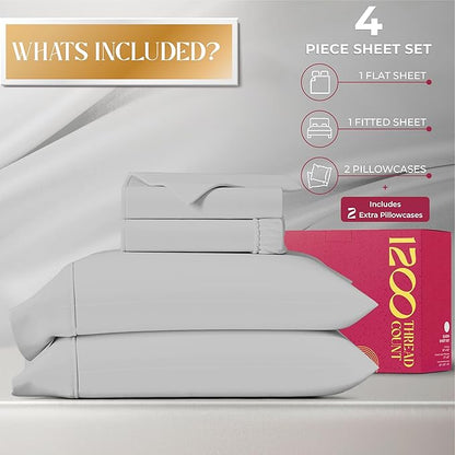 Mayfair Linen 100% Egyptian Cotton Sheets King Size - Luxury 1200 High Thread Count Egyptian Cotton King Size Sheets Set (4 PC, Light Grey), Soft, Cooling, 17" Deep Pocket Sateen Weave Hotel Bedding