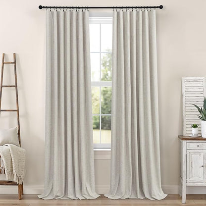 Black Out Linen Curtains 108 Inches Long for Living Room 2 Panels Set Total Blackout Flax Pleated Drapes Back Tab Neutral Boho Ceiling Floor 108 Inch Window Curtains Bedroom Cottage Core Stone Taupe