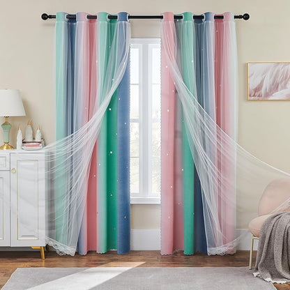 XiDi Curtains for Bedroom Decor, Rainbow Pinkgreen grey34/96