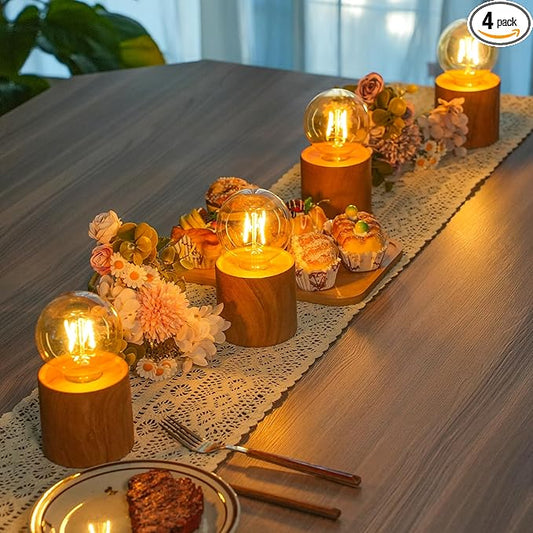 JHY DESIGN Set of 4 Wood Grain Table Lamp 6.5" Tall Cordless Lamp Light with Edison Style Bulb and 6 Hours Timer Battery Operated Lamp Great for Living Room Weddings Parties Patio Indoors Outdoors