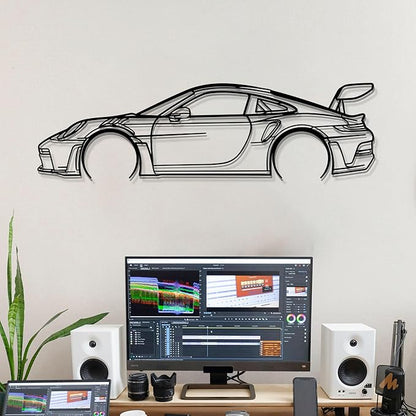 Dekory Car Wall Art – 911 GT3 RS (992) Black Metal Sports Car Silhouette, Modern Industrial Automotive Wall Decor for Garage, Living Room or Bedroom – 32 Inch (M)