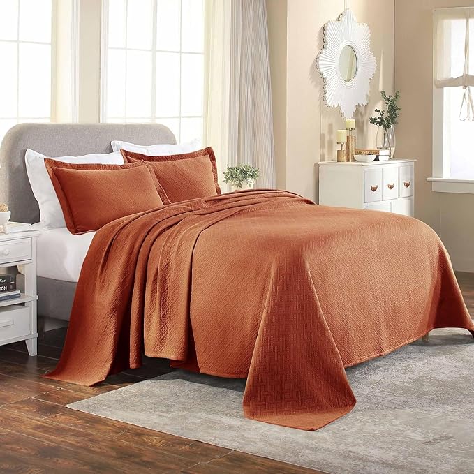 Superior 3 Piece Basketweave Cotton Bedspread Set, Home Bed Decor, Decorative Bed Spread, 2 Pillow Shams, Medium Weight Blanket, Matelasse Coverlet Bedding, Geometric Lattice Pattern, Queen, Mandarin