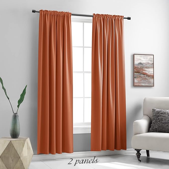 DONREN 84 inche Length Curtain Panels - Light Reducing Thermal Insulated Solid Blackout Curtains/Panels/Drapes for Living Room (Set of 2, 60 inches by 84 Inch, Burnt Orange)