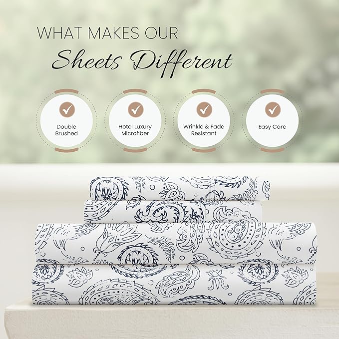 Linen Market Double-Brushed Patterned Microfiber Queen Sheet Set 4 Piece – Oeko-TEX Certified Ultra Soft & Wrinkle-Free - 16" Deep Pocket Sheets - Easy Care Queen Size - Coarse Paisley Navy