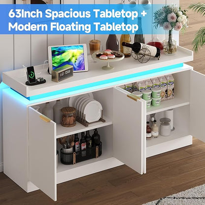 LED Sideboard Buffet Cabinet with Storage, 63'' Large Kitchen Buffet Cabinet Storage Cabinets with 4 Doors, Wood Coffee Bar Cabinets Buffet Table for Kitchen, Dining Room, Entryway