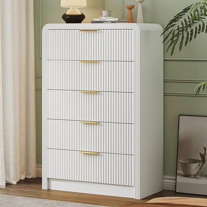 Fluted 5 Drawers Dresser, 48" Tall Modern Chest of Drawers with Round Edge & Metal Handle, Wood Drawer Organizer for Living Room, Bedroom, Entryway, Hallway (White)
