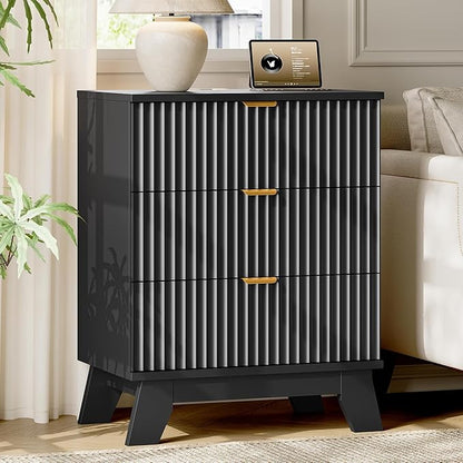 Fluted Nightstand with Charging Station, 24" Wide Bedside Table with 3 Large Storage Drawers, Modern Wood Side Table Night Stand, End Table Small Dresser for Bedroom, Living Room, Dorm, Black