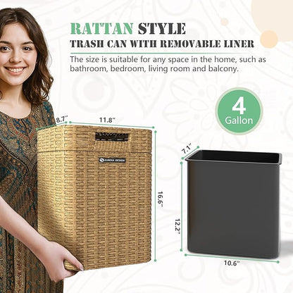 Ypati Rattan Trash Can with Lid, Wicker Bathroom Garbage Bin with Removeable Liner, 4 Gallon Small Waste Basket for Home, Outdoor Patio, Dorm, Office, Boho Decor, with Trash Bags, Tan Yellow, Eureka