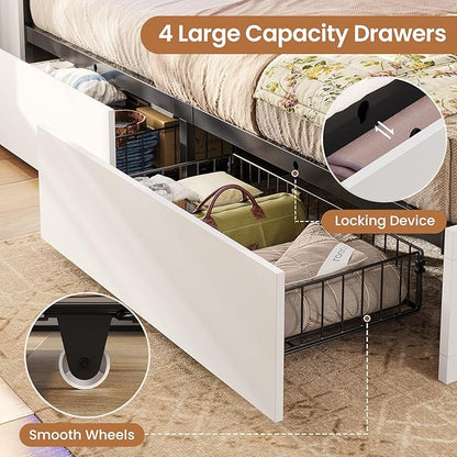 VIAGDO Farmhouse Bed Frame Twin Size with Bookcase Storage Headboard, Charging Station and LED Lights, Wooden Twin Bed Frames with 4 Drawers, Barn Door Design, No Box Spring Needed, No Noise, White