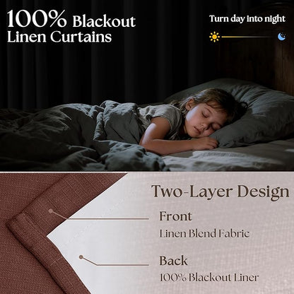 Red Brown 80 Inch Pinch Pleated Black Out Curtains 2 Panel Set for Living Room Pinch Pleat Linen Drapes with Liner 80 Inches Long 100% Blackout Light Blocking Energy Saving Curtain for Dining Bedroom
