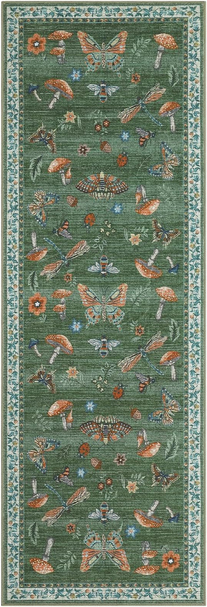 2.5x8 Runner Rug for Hallway Washable Kitchen Rugs Non Slip with Rubber Back Mushroom Soft Low-Pile Stain Resistant Foldable Indoor Carpet for Entryway Laundry Room Floor Mats Green