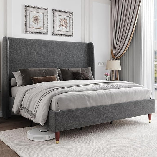 Jocisland King Upholstered Platform Bed Frame with 51.2" Tall Wingback Headboard–Solid Wood Legs, No Box Spring Needed, Dark Grey Linen–Modern Style for Any Bedroom