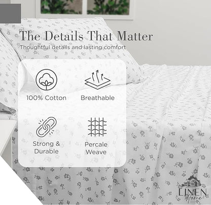 Linen Home 100% Cotton Printed Percale Sheets Queen Size, Deep Pocket, 4 Pieces Set - 1 Flat, 1 Deep Pocket Fitted Sheet and 2 Pillowcases, Crisp Cool and Strong Bed Linen, Grey Silhouette Floral