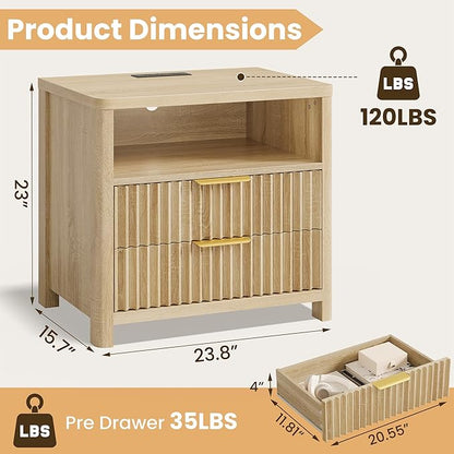 CypBed Night Stand with Charging Station, Bedside Tables with 2 Drawers & Storage Shelf, Wood Fluted Nightstand with Rounded Corner Design, Modern End Table for Bedroom, Easy Assembly