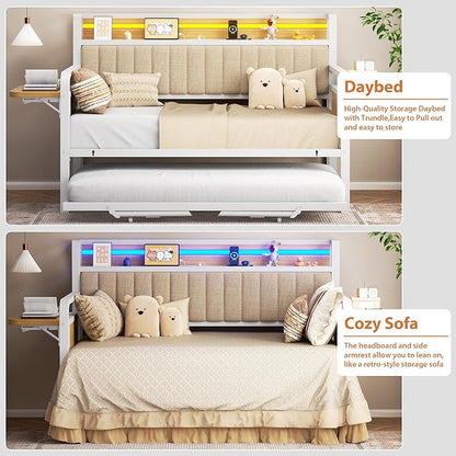 Daybed with Trundle, Twin Trundle Bed Frame - Metal Day Bed with LED Lights, Upholstered Storage Headboard & Charging Station, Pop Up Sleeper, Modern Design for Living Room and Guest Room-White