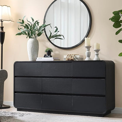 9 Dresser for Bedroom, 57" Wide Vertical Drawer Dresser with Large Storage, Wooden Drawer Closet for Bedroom, Living Room, Black