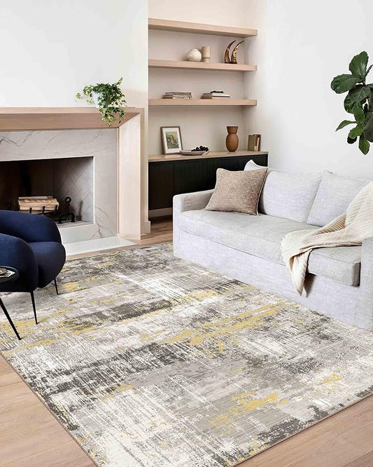 6x9 Area Rug, Ultra-Soft Washable Rug for Living Room, Dinner Room, Bedroom, Non-Slip Modern Abstract Rug, Indoor Carpet Large Area Rug, Yellow