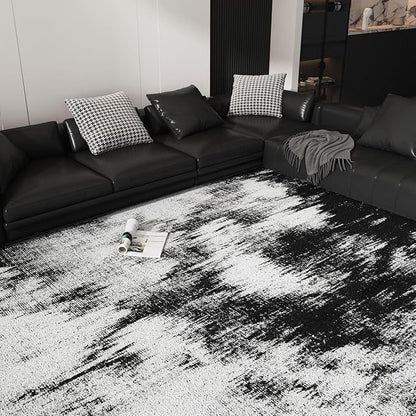 5x7 Area Rug Living Room Rugs - Machine Washable Neutral Abstract Rugs for Dinning Room Indoor Floor Non Silp Rug Carpet for Bedroom Home Office - Black White