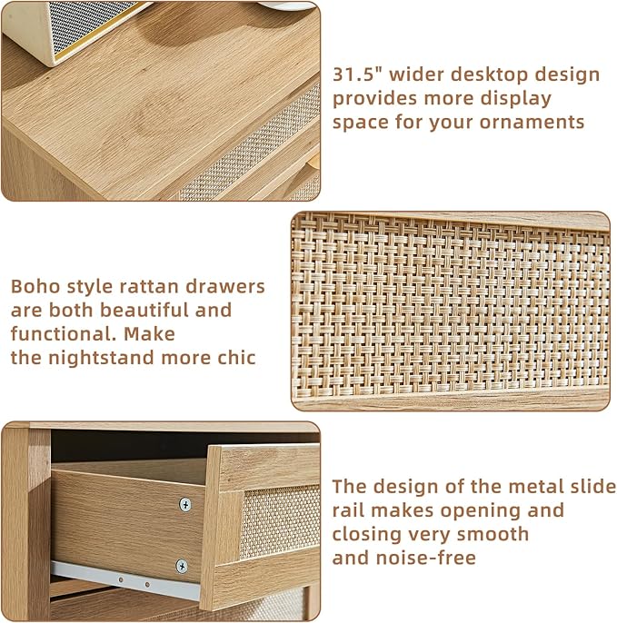 LEYAOYAO 31.5" Wide Rattan Nightstand, Large Boho 3 Drawer Night Stand, Natural Wood Bedside Table with Storage, Tall Bed Side End Tables, Chest of Drawers Dressers for Bedroom, Living Room, Hallway