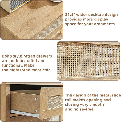 LEYAOYAO 31.5" Wide Rattan Night Stand, Large Boho Nightstand, Bedside Table with Storage, Tall Bed Side End Tables, Chest of Drawers for Bedroom, Living Room, Hallway（Natural,3 Drawers,2）