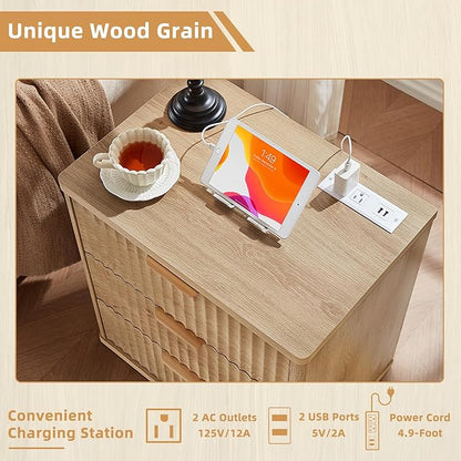 LEYAOYAO Fluted Dresser and Nightstand Sets, Wood 48" Wide Dresser & 23" Night Stand with Charging Station, 2 Piece Bedroom Furniture Set, Chest of Drawers for Bedroom, Home, Living Room,Wood