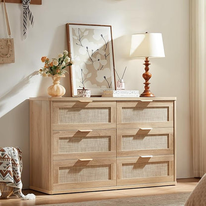 LEYAOYAO Rattan Dresser and Nightstand Sets 3 Piece, Boho Wood Dresser for Bedroom with 6 Drawers and Night Stand with 3 Drawer, Bedroom Furniture, Dressers & Chests of Drawers, Living Room, Hallway