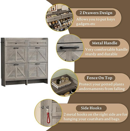 Shoe Storage Cabinet for Entryway, Farmhouse Wide Shoe Cabinet with 4 Flip Drawers and 2 Top Drawers, Freestanding Organizer with Adjustable Shelves, Hooks, and Anti-Tip Kit for Hallway