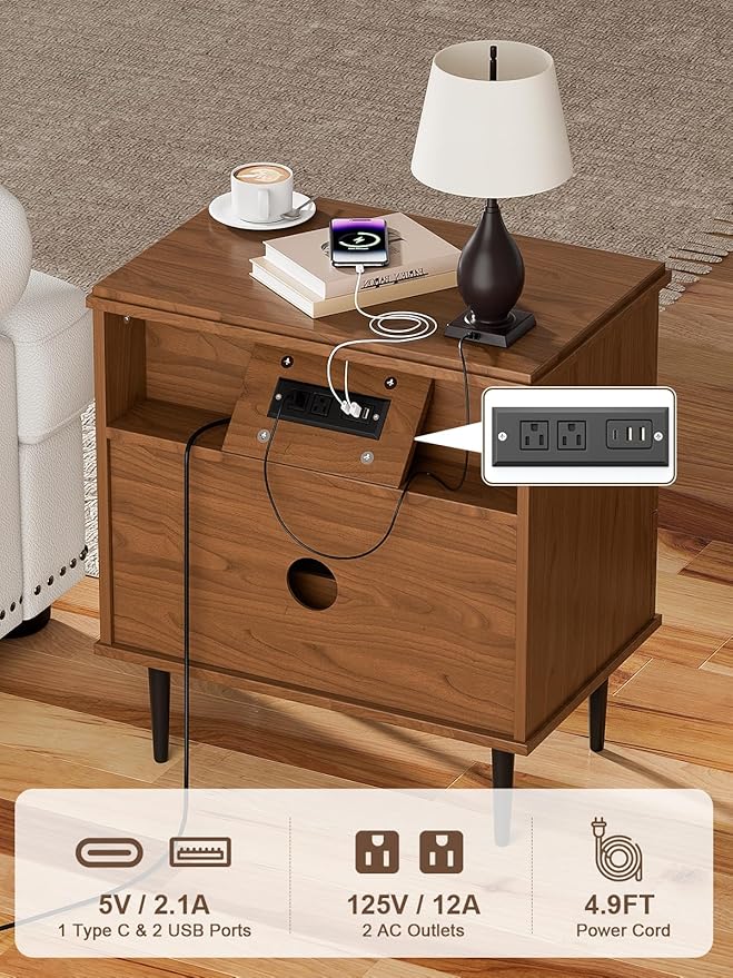 Modern Nightstand with Charging Station, 2-Drawer Fluted Wood Bedside Table with USB, Type-C & AC Outlets, Metal Legs, Perfect for Your Bedroom (Walnut, 23.3)