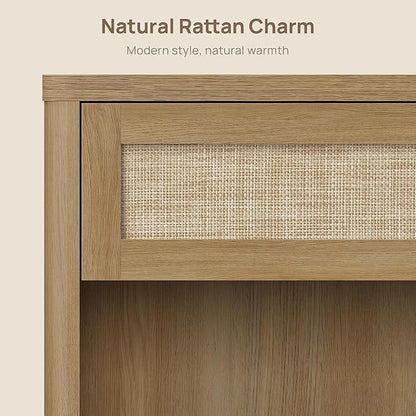 SICOTAS Night Stand Set of 2 26" Wide Large Nightstands with Drawer & Shelf Storage Rattan Bedside Table Boho End Table Tall Bed Side Tables Night Stands for Bedroom Living Room Sofa Office, Amber Oak