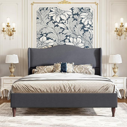 koorlian Full Upholstered Bed, Soft Chenille Sleigh Platform Bed Frame with Wingback Tall Headboard, Retro Minimalist/No Box Spring Required/Easy Assembly, Grey