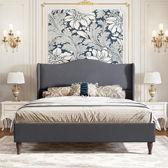koorlian Queen Bed Frame Upholstered Platform Bed with 51" Tall Headboard Wingback, Soft Fabric, Retro Simple Style No Box Spring Needed, Easy Assembly, Grey