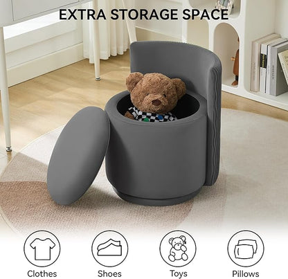 Velvet Vanity Chair with Storage, 360° Swivel Makeup Chair with Wave Back, No Assembly Small Accent Stool for Bedroom, Dressing, Living Room, Grey