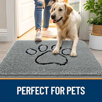 OLANLY Dog Door Mat for Muddy Paws 54x32, Paw Print Design, Absorbs Moisture and Dirt, Absorbent Non-Slip Washable Doormat, Quick Dry Chenille Mud Mat for Dogs, Entry Indoor Entryway Carpet, Grey