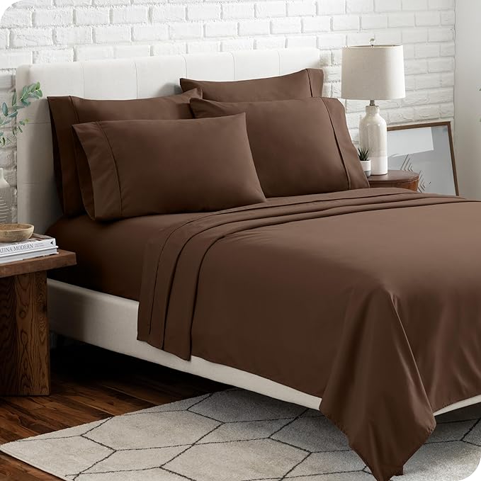 Bare Home Hotel Luxury Full XL Sheet Set, Extra Soft - 6 Piece Set - Deep Pockets - Easy Fit - Cooling & Breathable - Wrinkle, Fade, Stain Resistant - Includes 4 Pillowcases (Full XL, Cocoa)