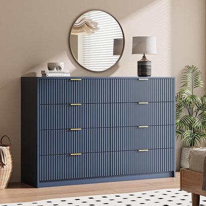 Navy Dresser for Bedroom, 8 Drawer Double Dresser, Modern Chest of Drawers for Bedroom, Living Room, Entryway and Closet, 55" L x 15.7" D x 37.4" H