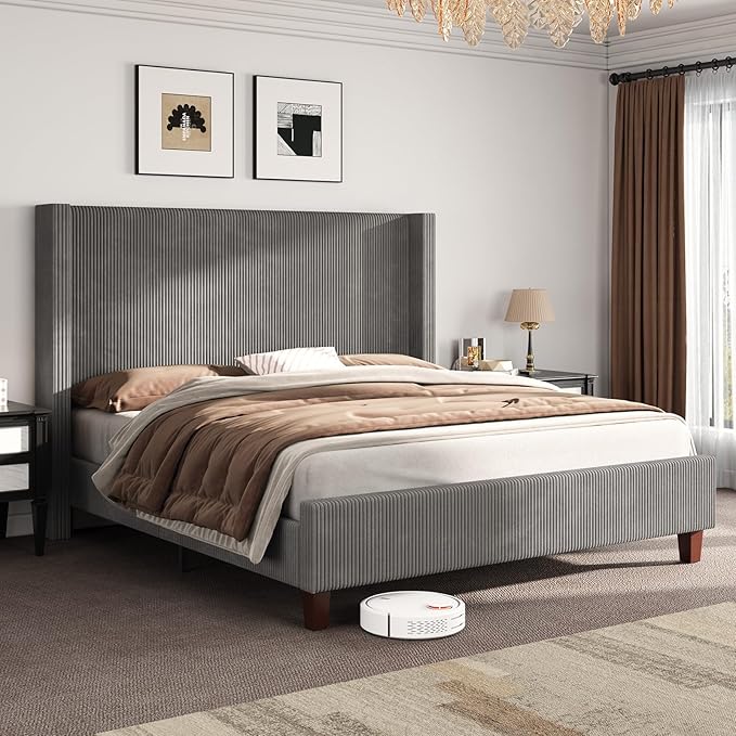 AMERLIFE California King Size Upholstered Bed Frame with 50.8" Tall Headboard, Wingback Platform Bed with Solid Wood Legs, Wooden Slats, Corduroy/No Box Spring Needed/Noise Free/Greige
