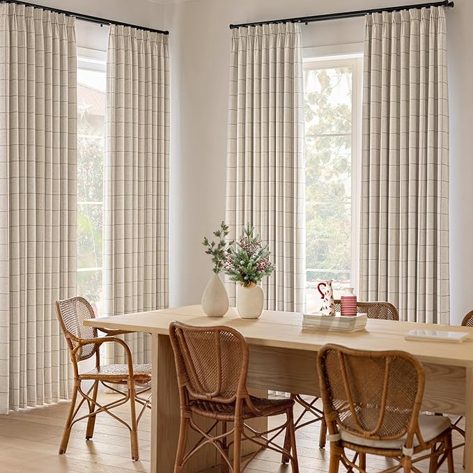 Plaid Pinch Pleated Curtains - Modern Luxury Linen Buffalo Blackout Drapes, Thermal Insulated Double Layer Window Panels for Living Room Bedroom, 120 Inches Long Brown 2 Panels Set