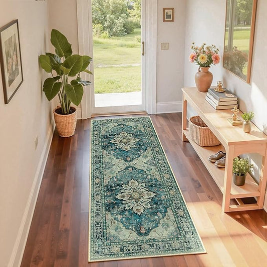 Area Rugs 2'x6' Washable Non-Slip, Floral Vintage Distress Print Pattern Medallion Carpet for Living Room Bedroom Dining Room, Dark Blue Vintage