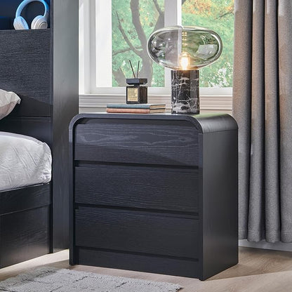 25" Tall Modern Nightstand with Charging Station, 23.6'' Wide Wood Bedside Table w/3 Storage Drawers, Small Dresser w/Curved Profile Design, End Table for Bedroom, Black